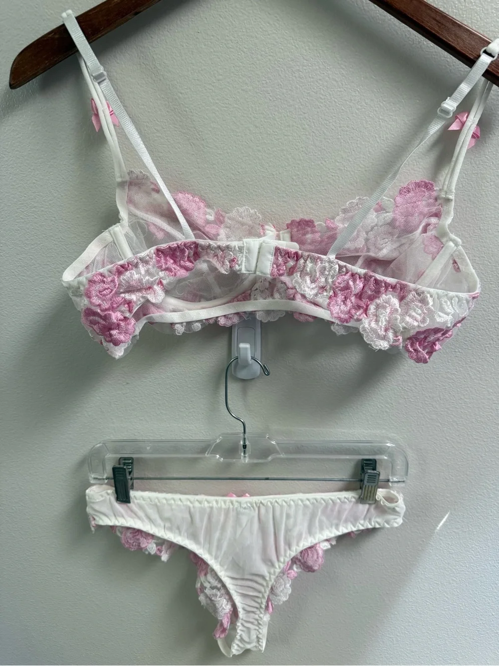 Sheer Floral Embroidered Lace Bra & Thong Set White with Pink Floral